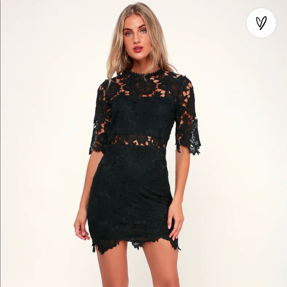 lulu’s a fine romance black lace sheath dress